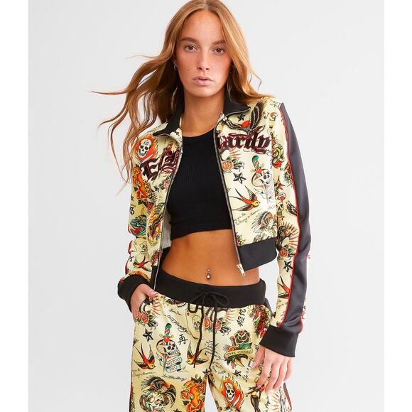 NWT Ed Hardy Y2k Shruken Flashboard multi track bomber jacket yellow black SMALL - Picture 5 of 15